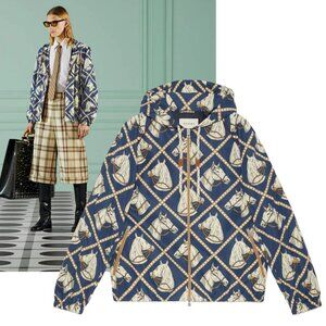 GUCCI JACKET MENS EQUESTRIAN PRINT HOODED BLUE BROWN  sz 52 XL